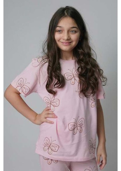 Kız Çocuk Kelebek Desenli T-Shirt Pembe Pijama Takımı 8-14 Yaş fırsatları