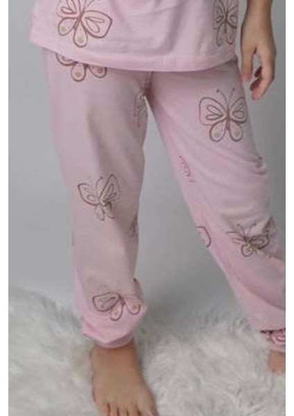 Kız Çocuk Kelebek Desenli T-Shirt Pembe Pijama Takımı 8-14 Yaş indirimleri