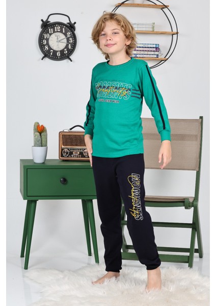Erkek Çocuk Göğüs Baskılı Pamuk Interlok Kumaş Pijama Takımı