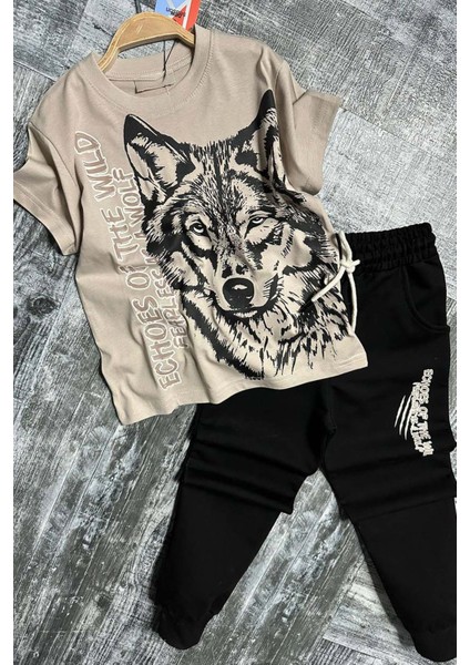 Erkek Çocuk Kara Kalem Kurt ve Yazı Baskılı Kahverengi T-Shirt Eşofman Takım