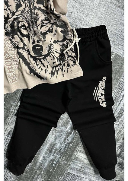 Erkek Çocuk Kara Kalem Kurt ve Yazı Baskılı Kahverengi T-Shirt Eşofman Takım modelleri