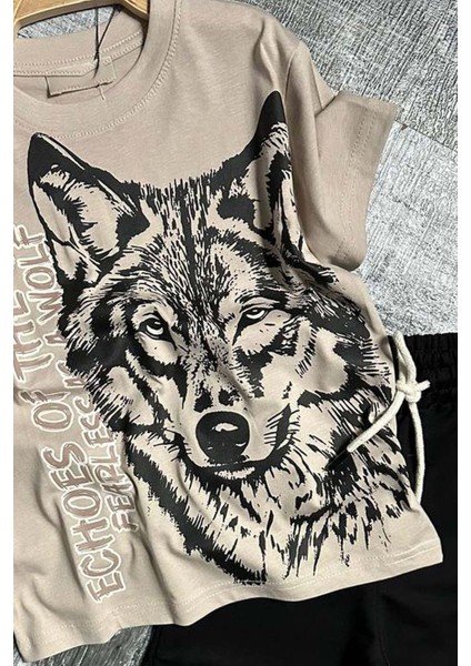 Erkek Çocuk Kara Kalem Kurt ve Yazı Baskılı Kahverengi T-Shirt Eşofman Takım fırsatları