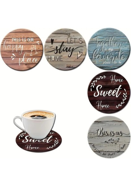 6 Lı Ahşap Polyester Bardak Alt Set Isıya Dayanıklı Kahve & Çay Fincan Dekoratif Içecek Matı