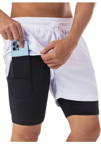Sporcu Şortu, Alt Tayt Görünümlü Çok Cepli Taytlı Spor Şortu