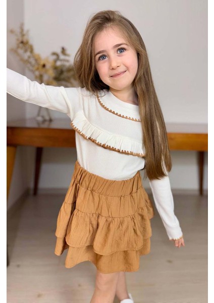 Kız Çocuk Bebe Yaka Göğsü Fırfırlı Fitilli Slim Kazak Üzeri Katkat Pliseli Kahverengi Etekli Takım fiyatları