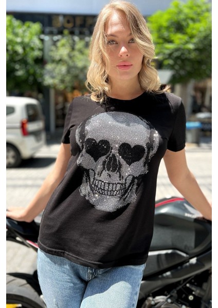 Kurukafa Crystal Taşlı Siyah Büyük Beden Pamuk Kadın T-Shirt