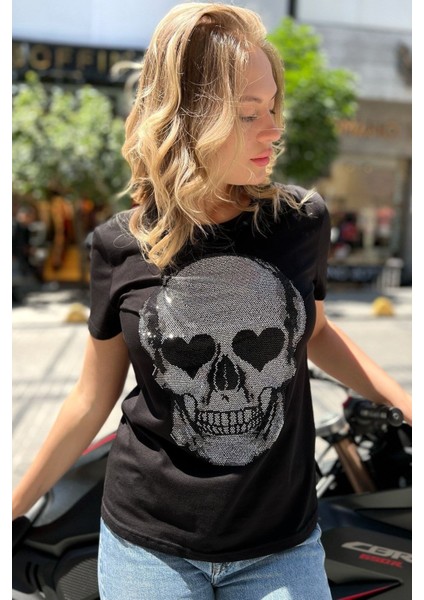 Kurukafa Crystal Taşlı Siyah Büyük Beden Pamuk Kadın T-Shirt fiyatları