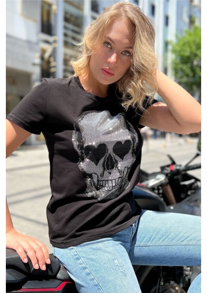 Kurukafa Crystal Taşlı Siyah Büyük Beden Pamuk Kadın T-Shirt modelleri