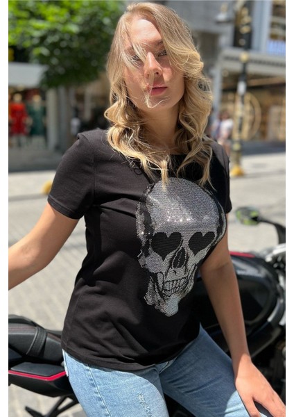 Kurukafa Crystal Taşlı Siyah Büyük Beden Pamuk Kadın T-Shirt fırsatları