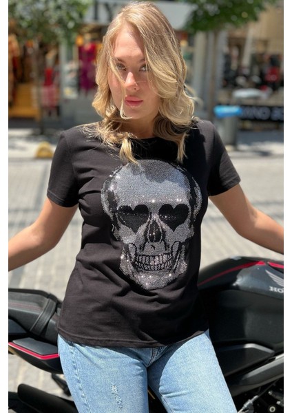 Kurukafa Crystal Taşlı Siyah Büyük Beden Pamuk Kadın T-Shirt indirimleri
