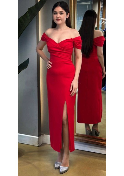 Kırmızı Yırtmaçlı Düz Kesim Krep Midi Abiye Elbise 7696