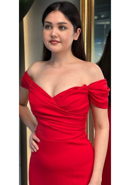 Kırmızı Yırtmaçlı Düz Kesim Krep Midi Abiye Elbise 7696 fiyatları