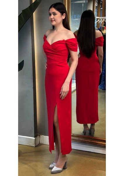 Kırmızı Yırtmaçlı Düz Kesim Krep Midi Abiye Elbise 7696 modelleri