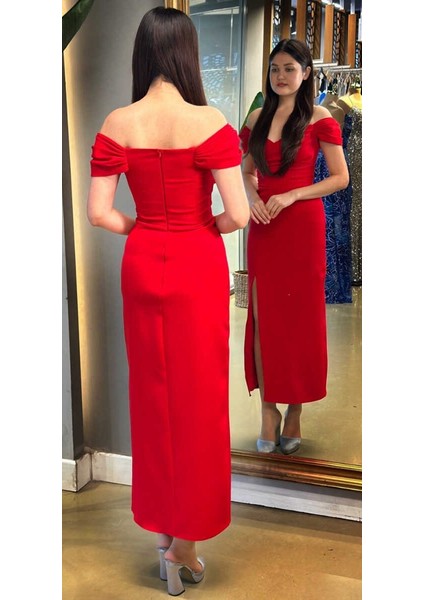 Kırmızı Yırtmaçlı Düz Kesim Krep Midi Abiye Elbise 7696 indirimleri