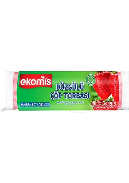 Çilek Kokulu Büzgülü Çöp Torbası Orta Boy 10'lu (1 Paket)