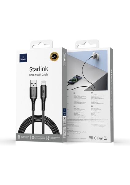 Lightning USB Data ve Şarj Kablo WI-C042E Starlink Serisi Hızlı Şarj Özellikli 2.4A 1m Siyah