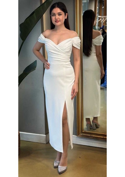 Beyaz Yırtmaçlı Düz Kesim Krep Midi Abiye Elbise 7696 modelleri