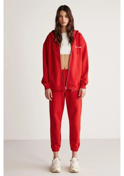 Ametıs Kadın Örme Oversize Kapüşonlu Fermuarlı Yazi Detaylı Kırmızı Sweatshirt modelleri