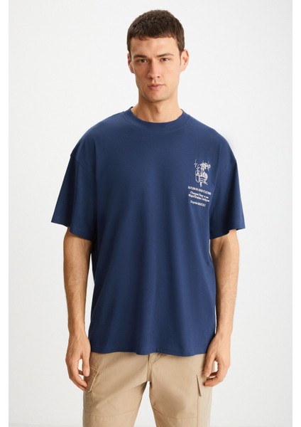ALONZO Erkek Oversize Fit %100 Pamuk Nakışlı Ve Baskılı Lacivert T-Shirt