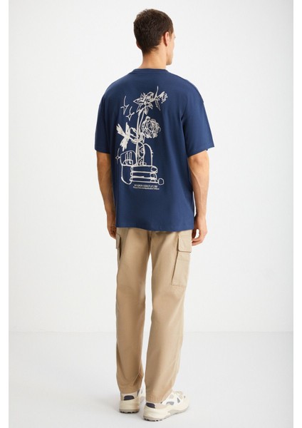 ALONZO Erkek Oversize Fit %100 Pamuk Nakışlı Ve Baskılı Lacivert T-Shirt