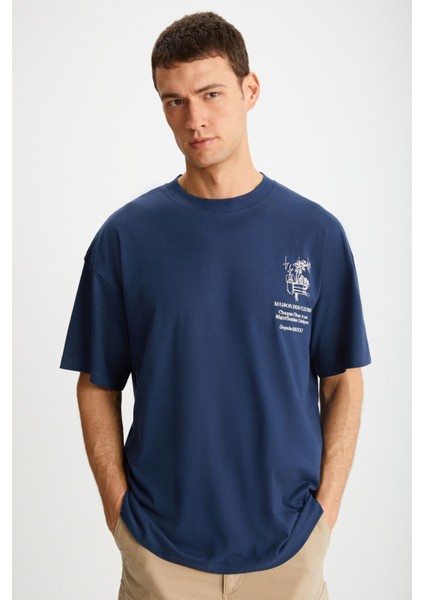 ALONZO Erkek Oversize Fit %100 Pamuk Nakışlı Ve Baskılı Lacivert T-Shirt