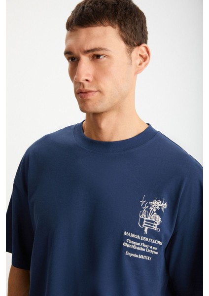 ALONZO Erkek Oversize Fit %100 Pamuk Nakışlı Ve Baskılı Lacivert T-Shirt