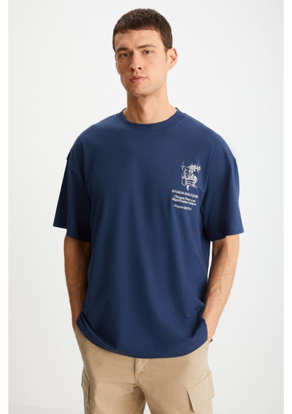 ALONZO Erkek Oversize Fit %100 Pamuk Nakışlı Ve Baskılı Lacivert T-Shirt