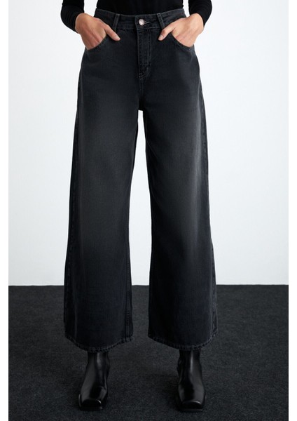 CELETNA Kadın Organik Pamuk Extra Wide Leg Siyah Jeans