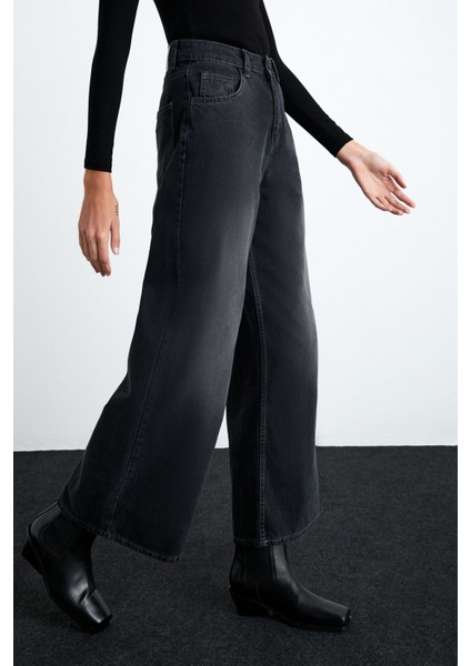 CELETNA Kadın Organik Pamuk Extra Wide Leg Siyah Jeans