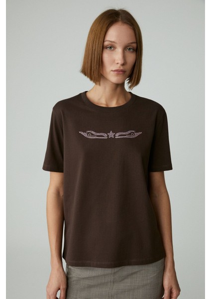 Cherıe Kadın Crop Taşlı Yuvarlak Yaka Kahverengi T-Shirt indirimleri