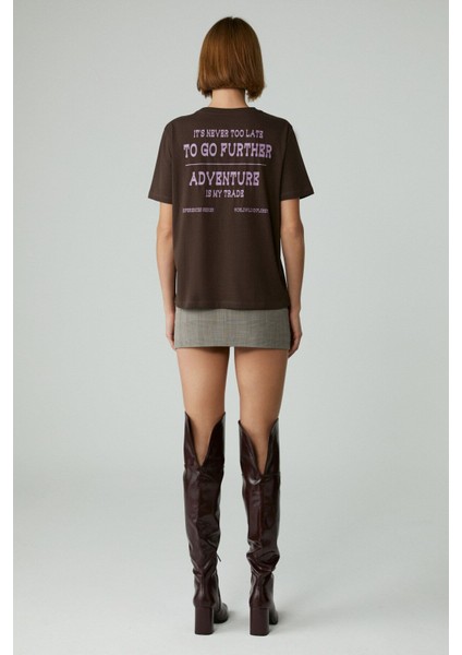 Cherıe Kadın Crop Taşlı Yuvarlak Yaka Kahverengi T-Shirt