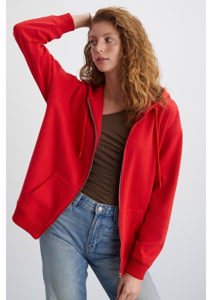 Alena Kadın Oversize Organik Pamuklu Metal Fermuarlı Kapüşonlu İçi Polarlı Kırmızı Sweatshirt fiyatları
