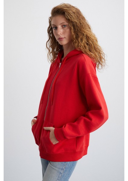 Alena Kadın Oversize Organik Pamuklu Metal Fermuarlı Kapüşonlu İçi Polarlı Kırmızı Sweatshirt fırsatları