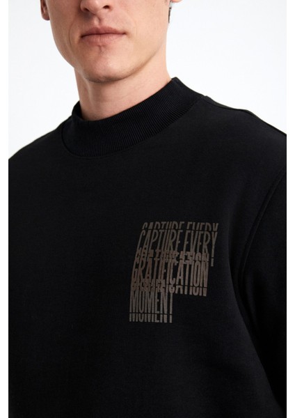 Chasey Erkek Organik Pamuklu Dik Yaka Içi Polarlı Baskılı Siyah Sweatshirt