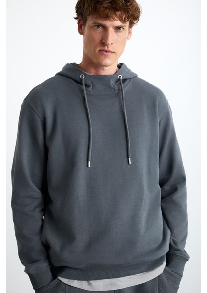 Alessıo Erkek %100 Pamuk Kapüşonlu Oversize Gri Sweatshirt