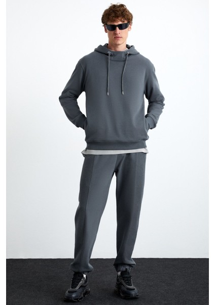 Alessıo Erkek %100 Pamuk Kapüşonlu Oversize Gri Sweatshirt