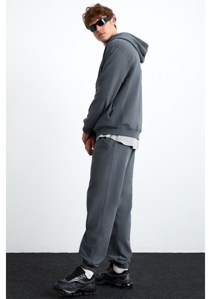 Alessıo Erkek %100 Pamuk Kapüşonlu Oversize Gri Sweatshirt
