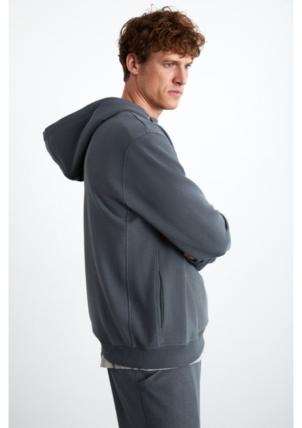 Alessıo Erkek %100 Pamuk Kapüşonlu Oversize Gri Sweatshirt