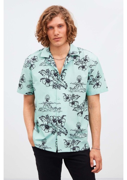 Almeıra Erkek %100 Pamuk Poplin Kumaşlı Desenli Yazlık Mint Yeşil Gömlek