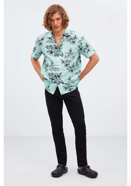 Almeıra Erkek %100 Pamuk Poplin Kumaşlı Desenli Yazlık Mint Yeşil Gömlek modelleri
