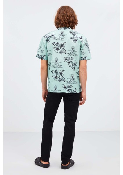 Almeıra Erkek %100 Pamuk Poplin Kumaşlı Desenli Yazlık Mint Yeşil Gömlek