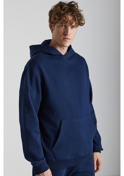Cartmel Erkek Örme 3 Iplik Relaxed Fit Rahat Kalıp Kanguru Cepli Kapüşonlu Lacivert Sweatshirt