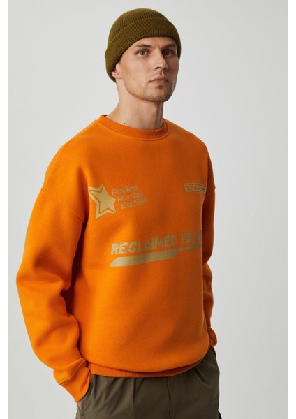 Cassy Erkek Organik Pamuklu Yumuşacık Baskı Detaylı Hardal Sweatshirt