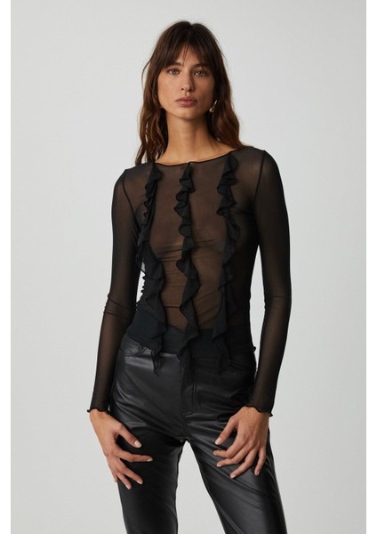 Alıyah Kadın Slim Fit Uzun Kollu Siyah Bluz