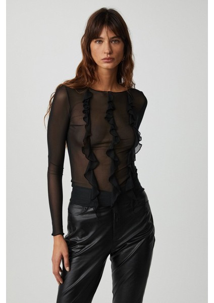 Alıyah Kadın Slim Fit Uzun Kollu Siyah Bluz
