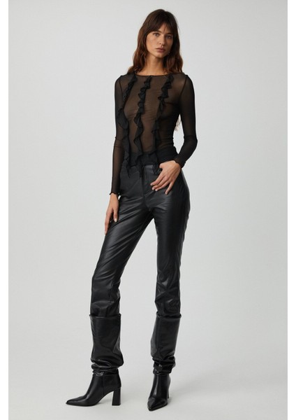 Alıyah Kadın Slim Fit Uzun Kollu Siyah Bluz