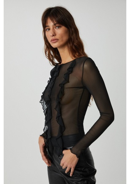 Alıyah Kadın Slim Fit Uzun Kollu Siyah Bluz