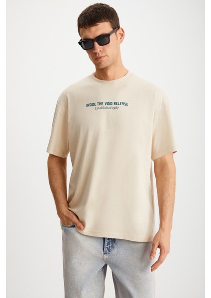 Bastıan Erkek Sırt Baskı Detaylı Oversize %100 Organik Pamuk Örme Kısa Kol Bej T-shirt