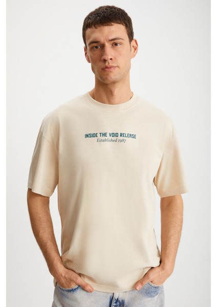 Bastıan Erkek Sırt Baskı Detaylı Oversize %100 Organik Pamuk Örme Kısa Kol Bej T-shirt modelleri