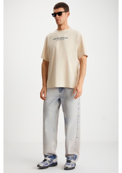 Bastıan Erkek Sırt Baskı Detaylı Oversize %100 Organik Pamuk Örme Kısa Kol Bej T-shirt indirimleri